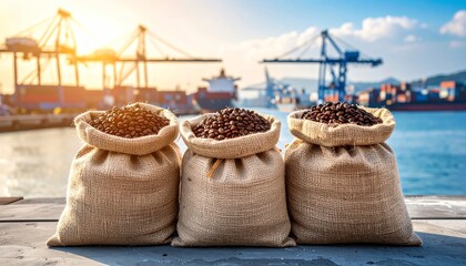 Coffee beans export at port highlights global trade, shipping logistics, burlap sacks, and maritime transportation for international business and commerce.