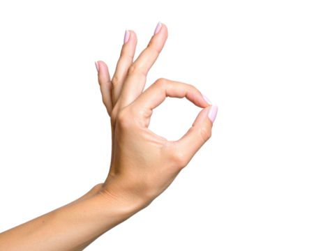 Close Up Of A Woman'S Hand With Manicured Nails Forming The Ok Gesture isolated on transparent background. PNG die-cut for advertising