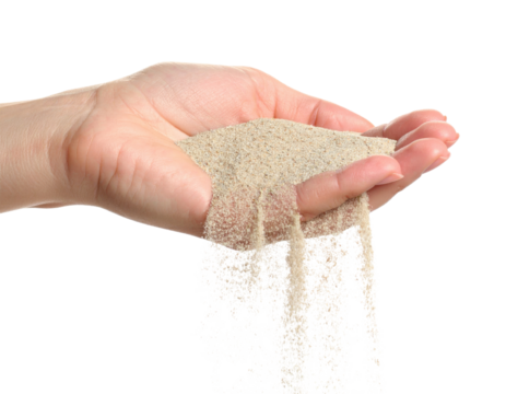 Light Skinned Hand Holding Fine Sand Pouring Through Fingers isolated on transparent background. PNG die-cut for advertising