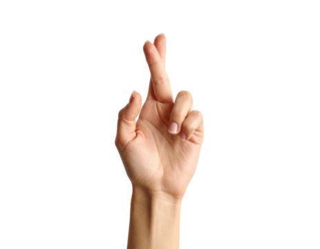A Human Hand With Fingers Crossed Fingers Are Touching isolated on transparent background. PNG die-cut for advertising
