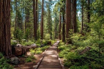 Obraz premium Summer Stroll on the North Grove Trail Boardwalk in Calaveras Big Trees State Park, California, a Premier North American Travel Destination