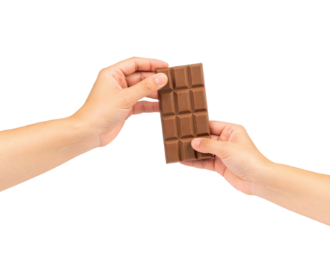 Two Hands Holding A Segmented Milk Chocolate Bar isolated on transparent background. PNG die-cut for advertising