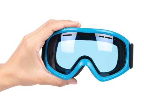 Blue Ski Goggles Held In A Hand With Bright Light Reflecting Off The Lenses isolated on transparent background. PNG die-cut for advertising