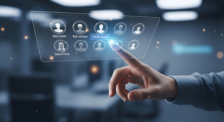 A hand selects a user profile from a floating digital interface