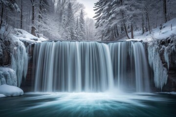 Obraz premium Frozen waterfall, icy landscape, snowy forest, winter scenery