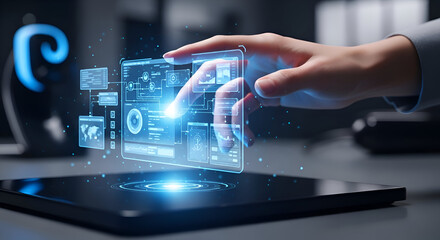 User hand controls a holographic representation of a software application
