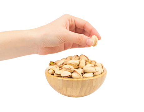 Hand Selecting A Pistachio From A Wooden Bowl Filled With Pistachios Nut isolated on transparent background. PNG die-cut for advertising - Powered by Adobe