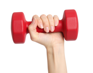 Female Hand Holding A Red Dumbbell Representing Fitness And Strength isolated on transparent background. PNG die-cut for advertising