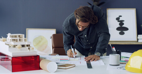 Man, architect and drawing on blueprint in office for sketch, building ideas and design process. Person, 3D model and floor plan for information, project planning and notes for property development