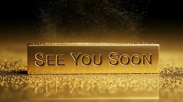 A golden bar with the phrase "SEE YOU SOON" engraved, reflecting light.