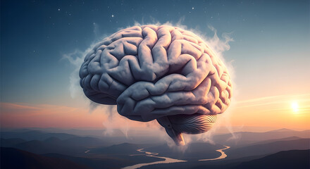 detailed human brain with a glowing nebula background, neuroscientific and mental health concept, abstract and intellectual imagery, excellent for educational, medical, or futuristic technology projec