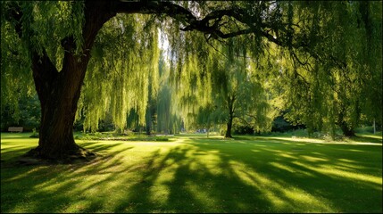 Obraz premium Large willow tree hanging branches sunlit park, green grass shadows