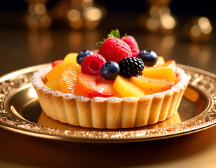 Golden plate fruit tart with fresh berries and fruit, a delicious dessert ready to be enjoyed