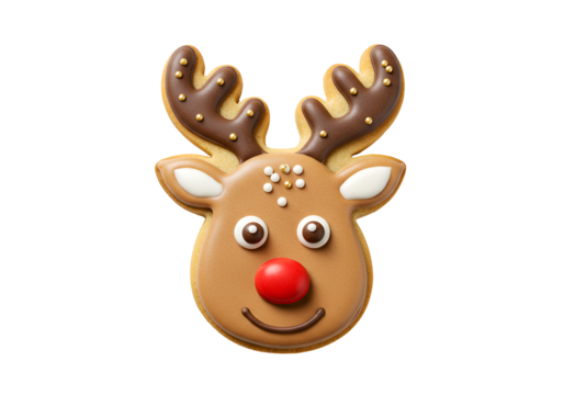 Festive Christmas Reindeer Cookie with Reindeer Antlers and Red Nose Decorated for the Holiday