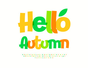 Vector Playful Card Hello Autumn. Transparent Watercolor Font. Trendy Colorful Alphabet Letters and Numbers set