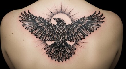 Detailed Raven Tattoo on Back with Open Wings and Celestial Design