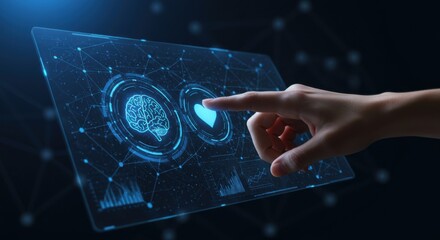 Woman hand clicks love icon on transparent screen with brain. Artificial intelligence and emotion connection concept. Digital data interface for modern technology application.
