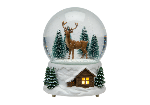 Festive Christmas Snow Globe Featuring a Deer and Winter Scene with Pine Trees and a Cozy Cabin