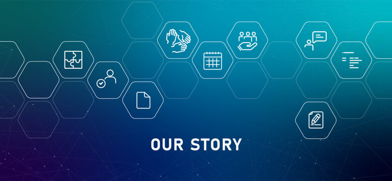 Our story web header with business and narrative related outline icons for corporate history pages team timelines or mission and vision statements with blue background
