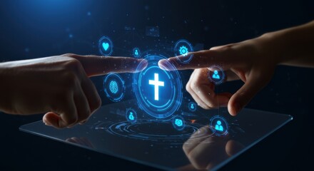 Man's hand and woman's hand touching a digital screen with an orthodox cross. Modern Christianity concept. Religious application background template.