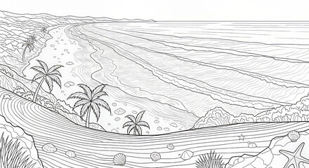 Fototapeta premium Tropical Beach Outline Drawing with Palm Trees and Gentle Waves