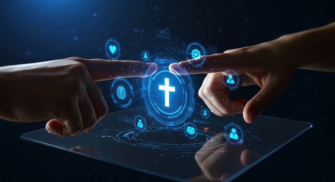 Man's hand and woman's hand touching a digital screen with an orthodox cross. Modern Christianity concept. Religious application background template.