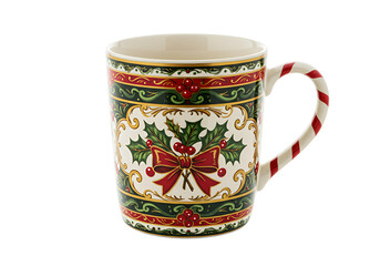 Festive Christmas-themed ceramic mug with holly and bow design for holiday celebrations