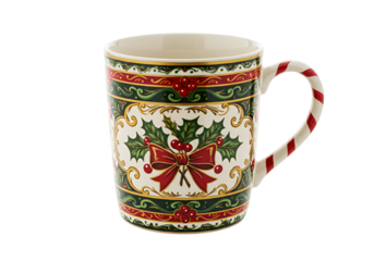 Festive Christmas-themed ceramic mug with holly and bow design for holiday celebrations