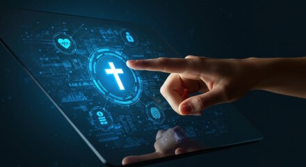 Woman's hand interacting with virtual cross symbol. Digital Christian religious concept for faith engagement in cyber technology.