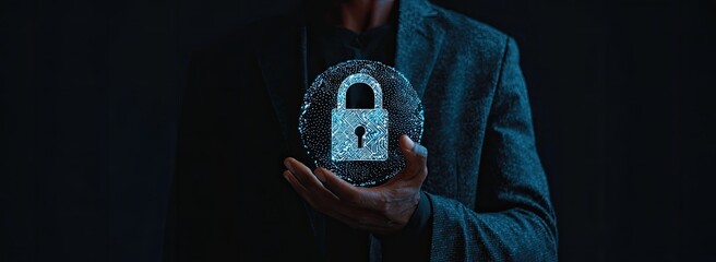 A person in a suit holds a holographic lock in their hands