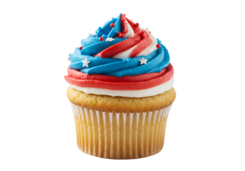 Festive patriotic cupcake decorated with red white and blue frosting and star sprinkles for