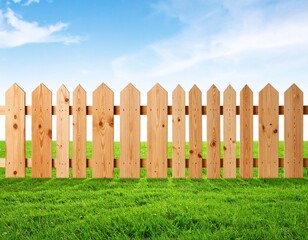 Fototapeta premium Wooden Picket Fence with Green Grass and a Blue Sky