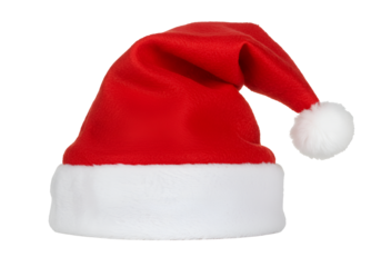 Festive red Santa hat with white trim and pom-pom isolated on black background