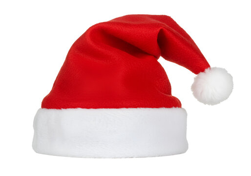 Festive red Santa hat with white trim and pom-pom isolated on black background