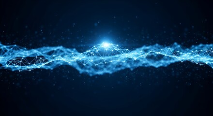 Smooth curves of glowing nodes and lines represent digital signals moving through a virtual environment, evoking innovation and advanced technology.