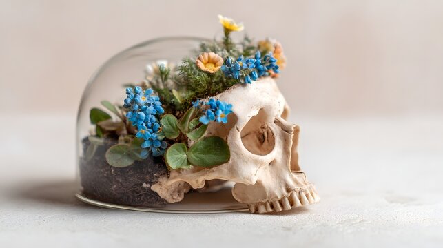 Skull adorned with flowers in a glass dome. - Powered by Adobe