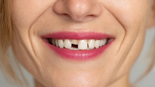 Smiling woman with missing tooth dental health and care concept teeth gap dental problem and oral hygiene