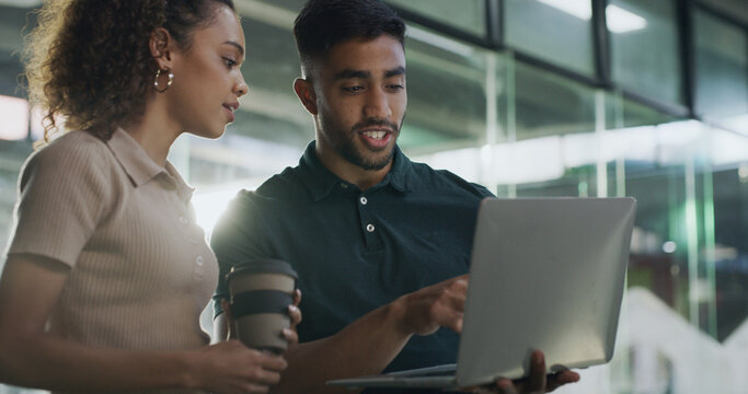 Teamwork, people and developers on laptop in office for help, software update or testing program. Staff, research and tech in office for IT collaboration, troubleshooting website and problem solving - Powered by Adobe