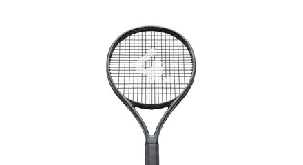 Metallic tennis racket gleams on black. Sports equipment photography, poster design.