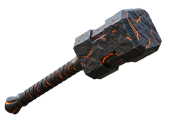 Fictional stone hammer weapon with glowing cracks and fiery ember effects