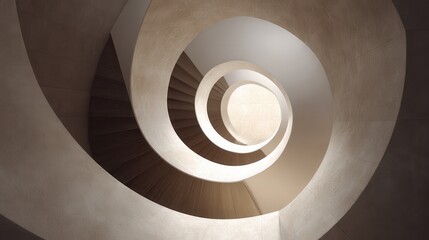 Fototapeta premium Spiral staircase podium, resembling coiled paper Architectural modern, indirect skylight clean gallery backdrop Pearl Beige and Misty Rose.