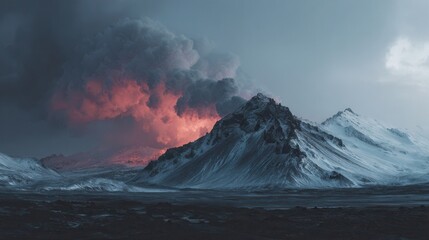 Stark Icelandic Volcano with Swirling Smoke Against Pristine Glacial Ice and Rugged Lava Fields.