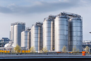Obraz premium A chemical processing plant with large storage tanks outside An AI monitor is regulating mixing times and temperatures The mood feels careful and controlled, Generative AI
