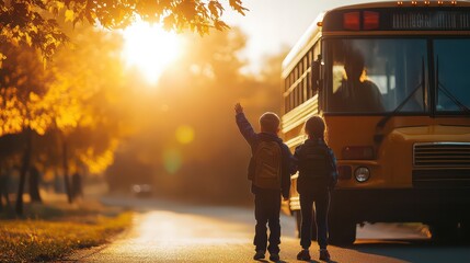 Children waving at a yellow school bus on a sunny autumn day with trees and a bright sky in the background