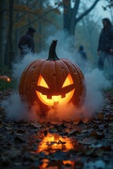 Glowing jack-o-lantern surrounded by fog and fallen leaves in mysterious forest setting