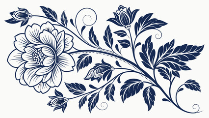 Elegant floral arrangement with a large blossom and stylized dark blue leaves and swirling vines design