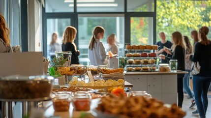 Buffet table with food and people in background at event or conference with natural light coming through