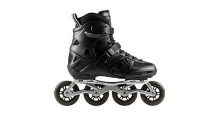 Black rollerblade is isolated against black. The lighting enhances the sleek design, suitable for product showcases, athletic brands.