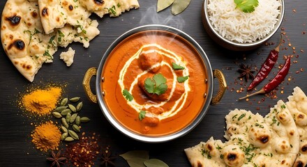 Indian butter chicken with naan and rice, rich curry texture, top-down view, spices and authentic presentation.