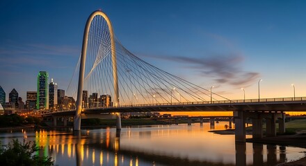 Naklejka premium Magnificent view of Margaret Hunt Hill Bridge at twilight showcasing Dallas skyline